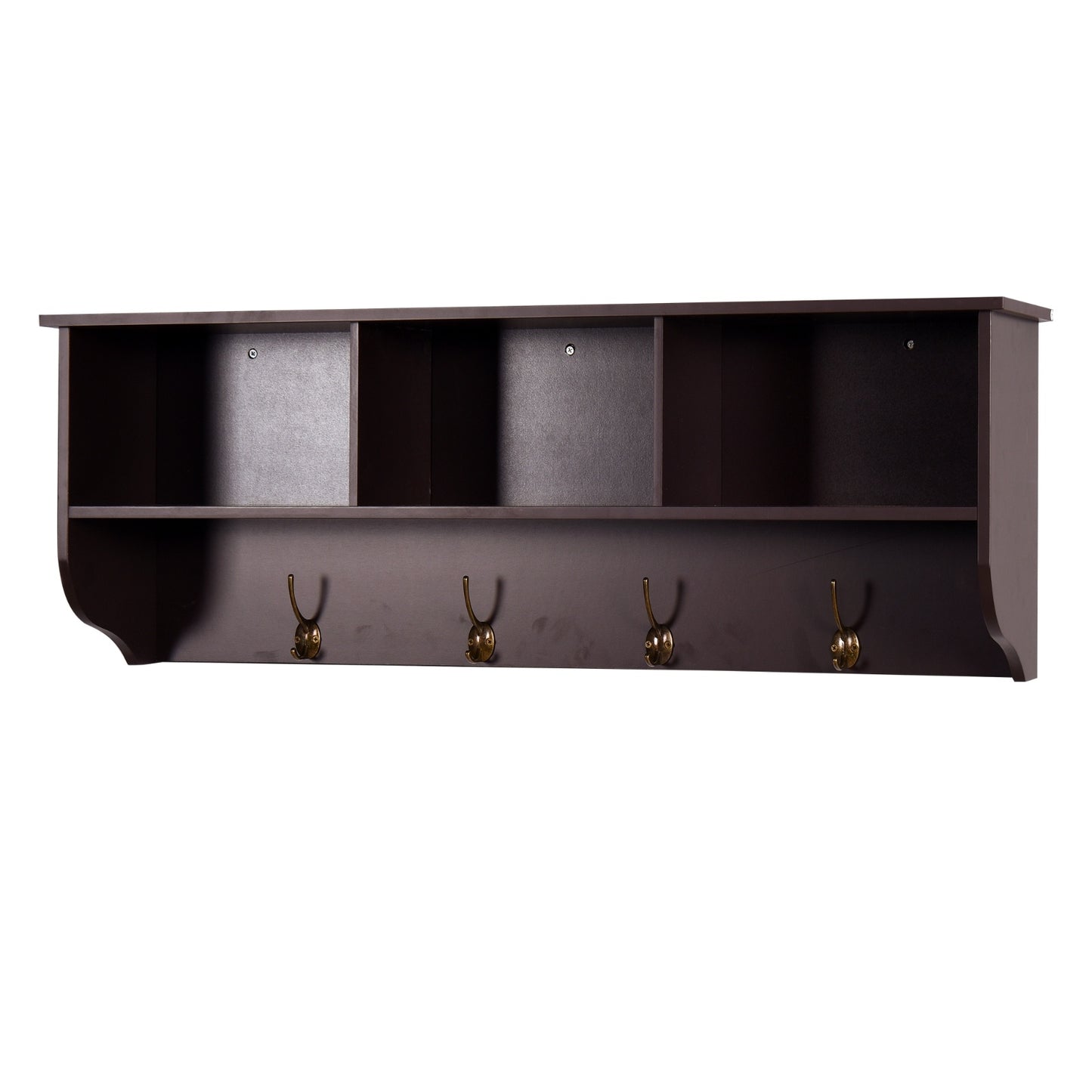 Espresso Wall Mounted Coat Rack With 4 Dual Hooks & Storage Shelf For Entryway